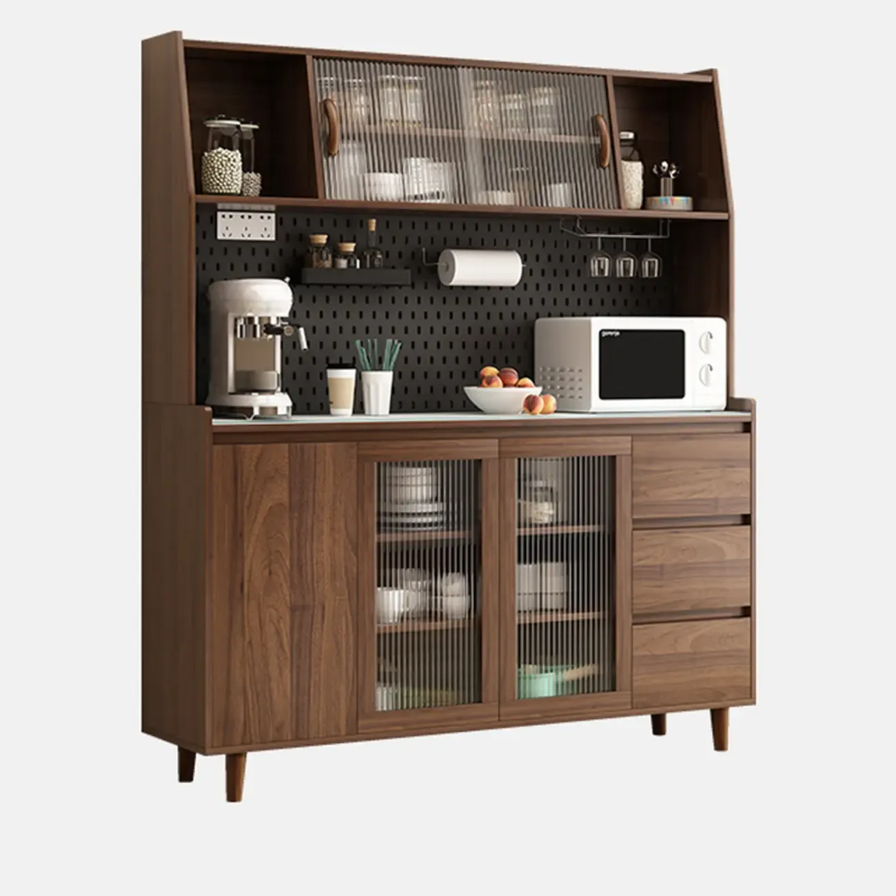 Wide Brown Wooden Pegboard Back Sideboard with Hutch