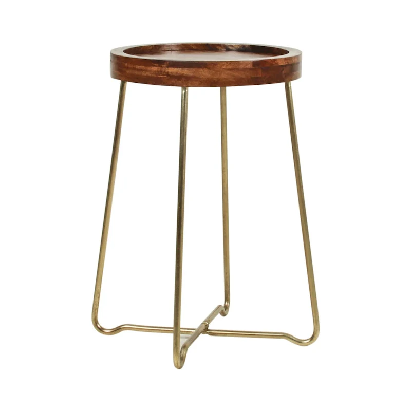 Gold Iron And Natural Wood Round Accent Table by East at Main
