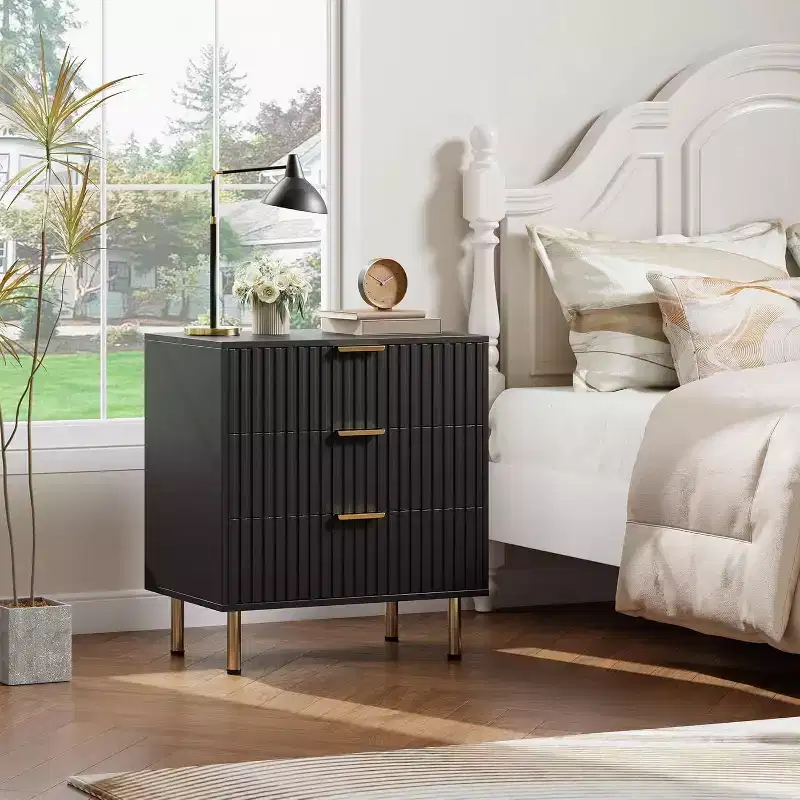 Coolmee 3 Drawer Dresser for Bedroom, Fluted Modern Nightstand with Deep Drawers, Chest of Drawers with Wide Top, Wooden Dresser Organizer, Side Table