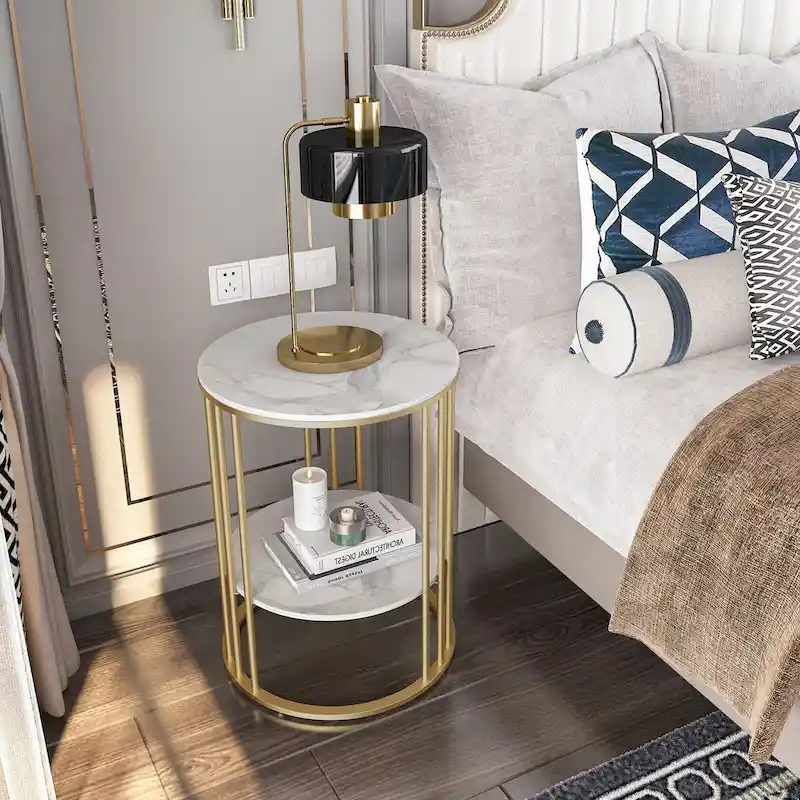 End Table 2-Tier Round Side Accent Table with Sintered Stone Tabletop - 15.7x15.7x21.3 inch