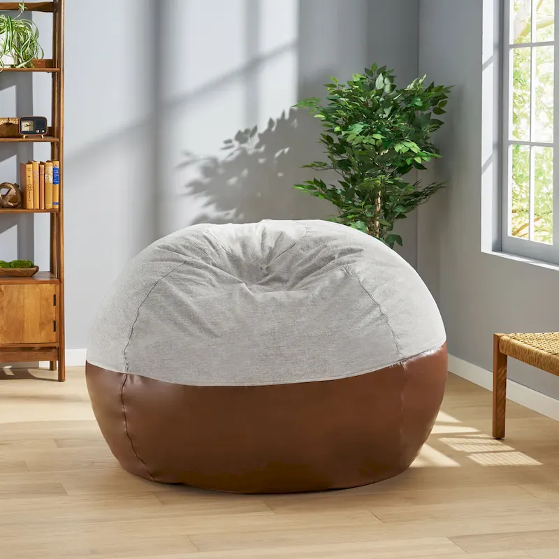 Ohnstad Modern 5 Foot Two Toned Fabric and Faux Leather Bean Bag by Christopher Knight Home