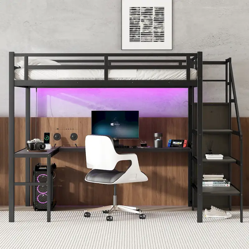 Full XL Size Metal Loft Bed with L-shaped Desk & USB
