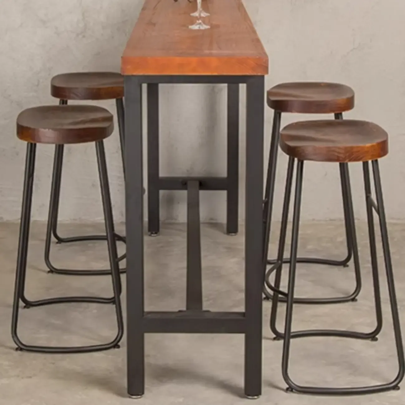 Modern Industrial Bar Table Wood Top Metal Trestle Base