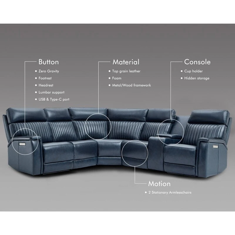105 W Genuine Leather Power Sectional with Recliner Sofa Set with Triple Power, Single Console, USB&USB-C Ports