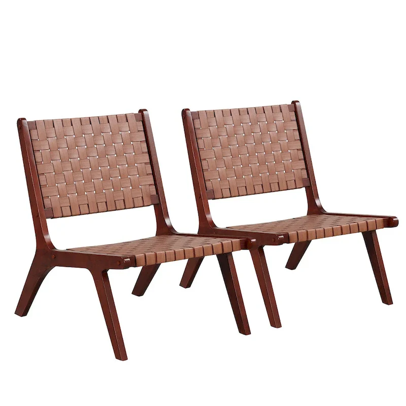 Woven Leather Accent Chairs with Wood Frame