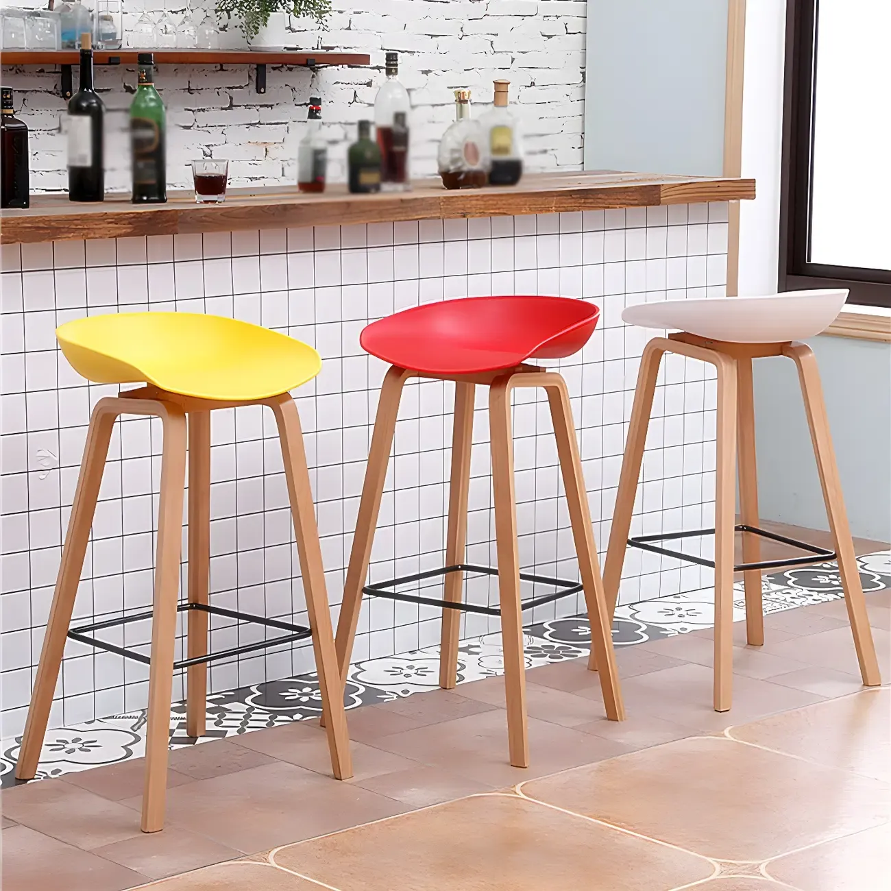Mid-Century Modern Plastic Bar Stool with Wood Legs