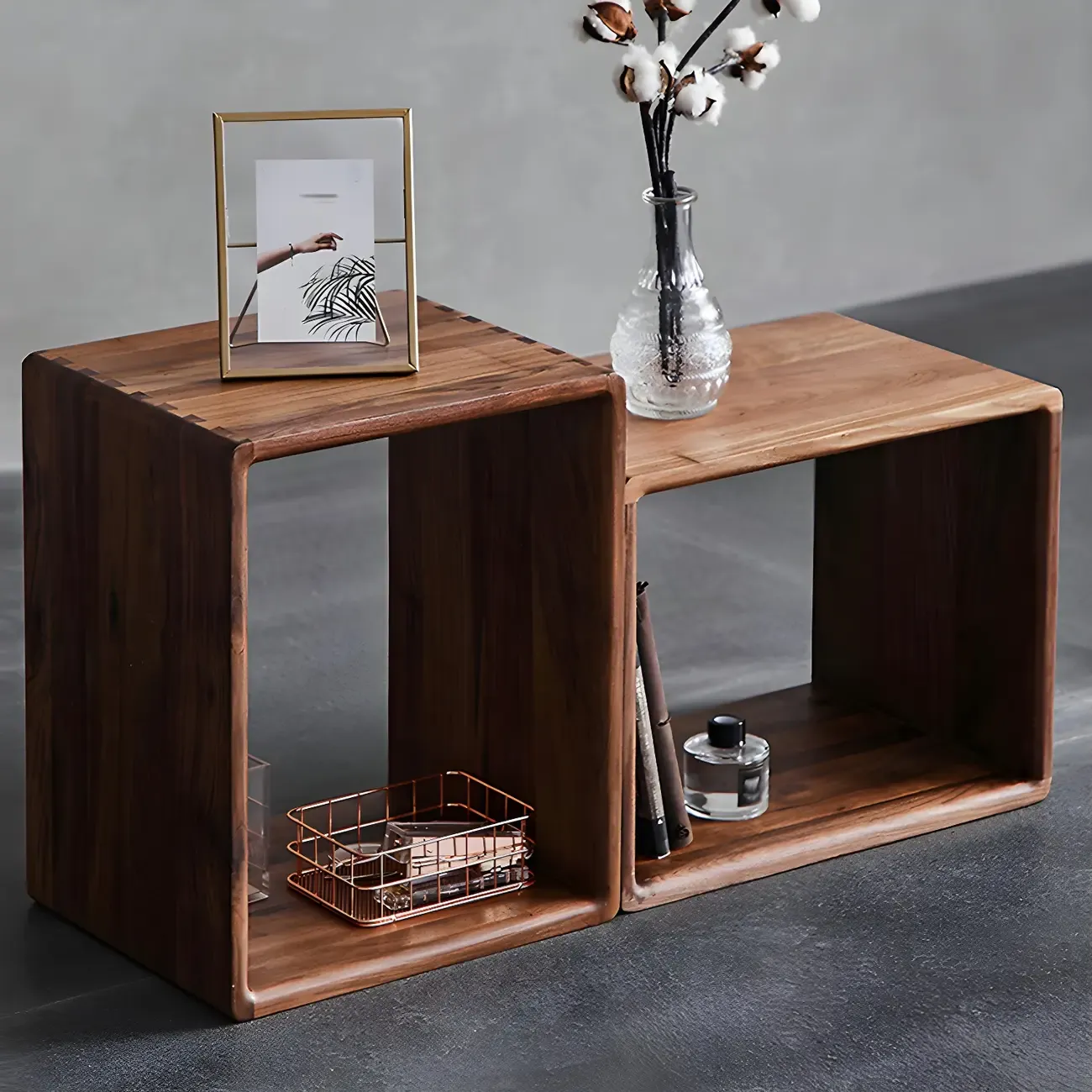 Mid-century Modern Brown Wood Cube Open Back Bookcase