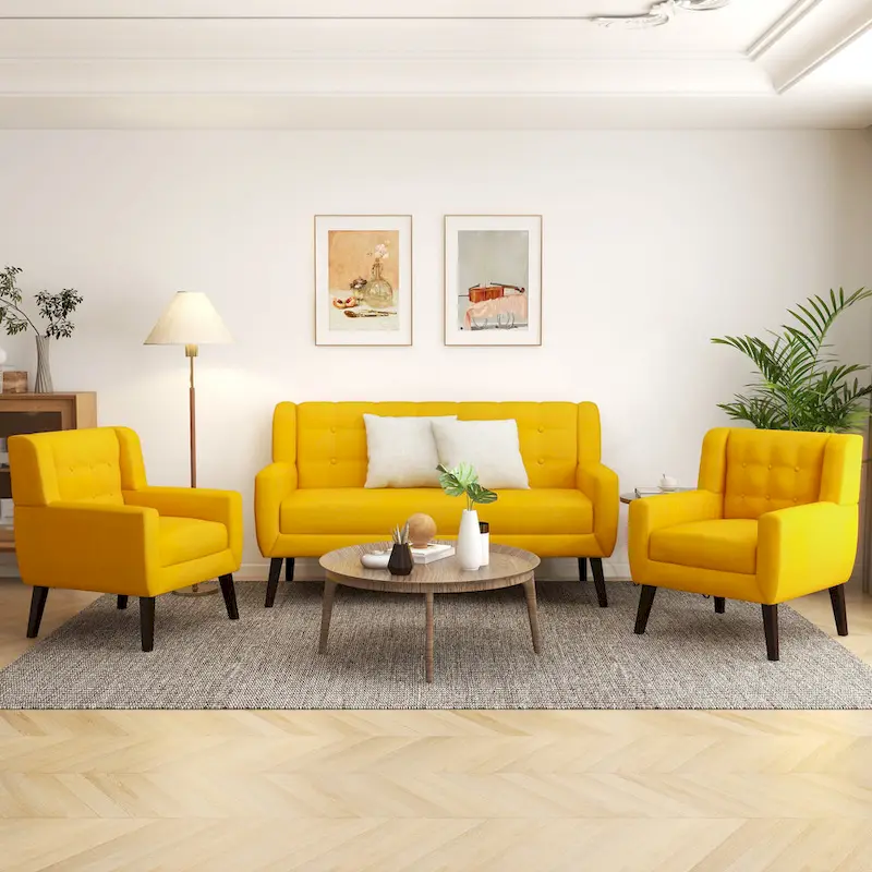 Modern Curved 63 Button Tufted Upholstered Loveseat with 2 Accent Chairs