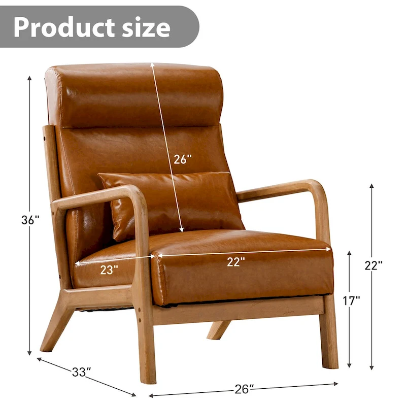 Upholstered Linen Blend Accent Chair with Wooden Legs and One Pillow