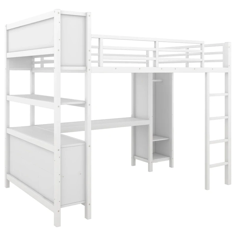 Metal Loft Bed with Wardrobe And L-shaped Desk