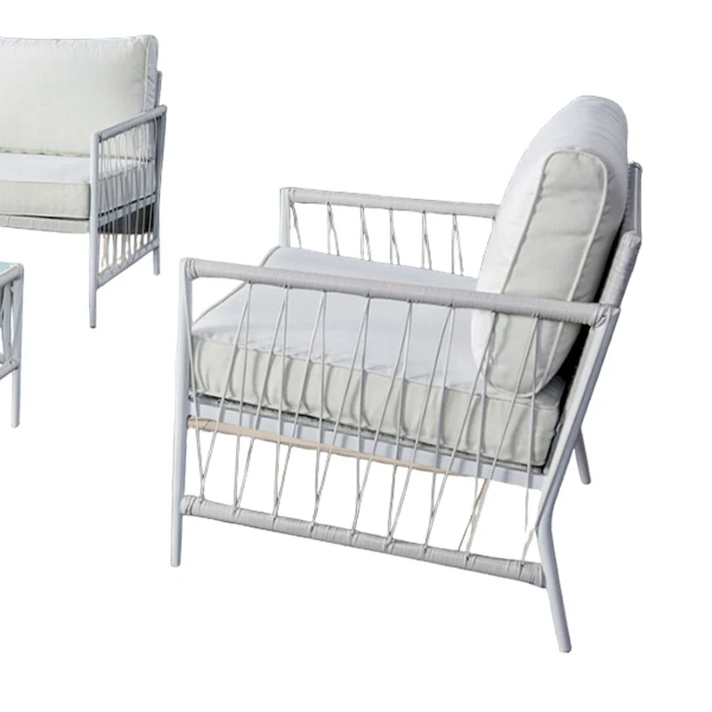Hema 4 Piece Patio Set with 2 Chairs, Table, and Sofa, White Fabric, Metal