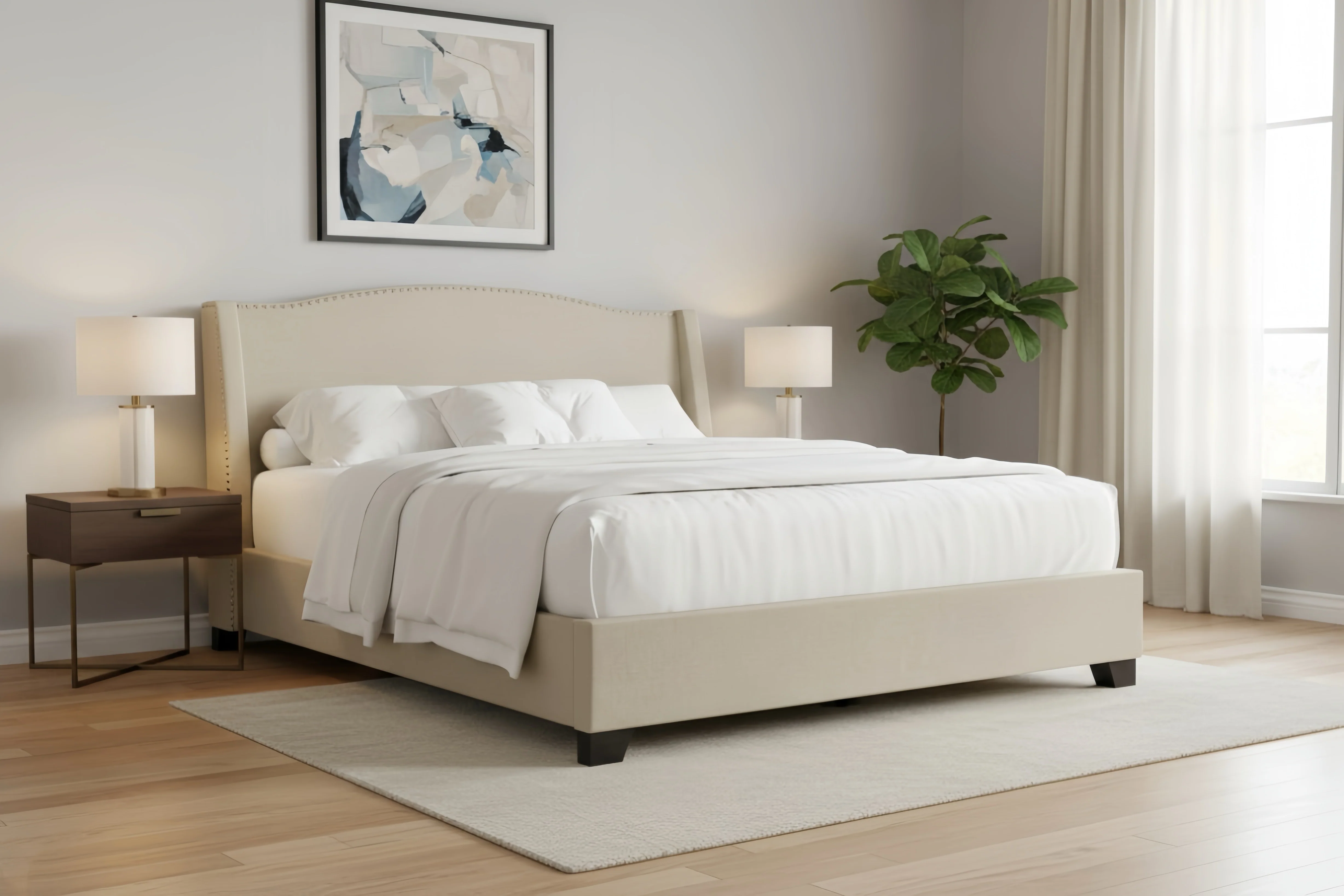 Elegant Chrome Nailhead Wingback Upholstered Bed with Drawers