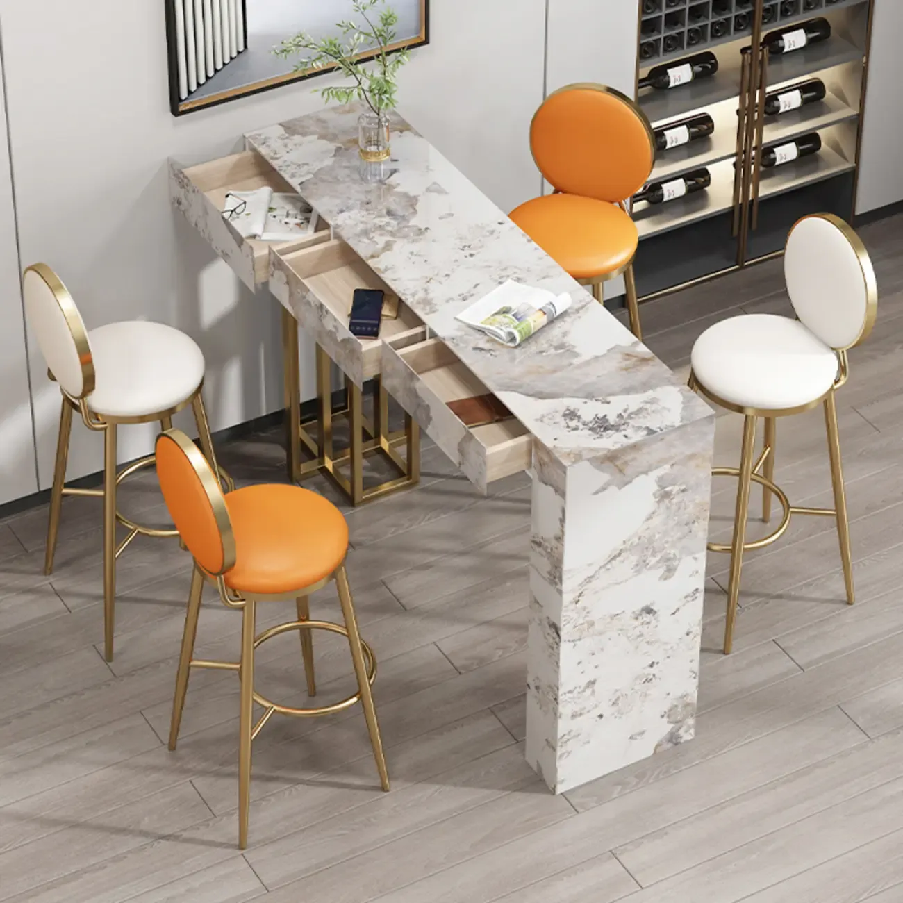 Glam Sintered Stone Finish Gold Metal Pedestal Home Bar Tables