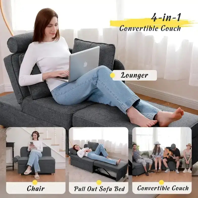 4 in 1 Multi-Function Folding Sofa Folding Bed Single Futon Couch Guest Bed with 2 Throw Pillows