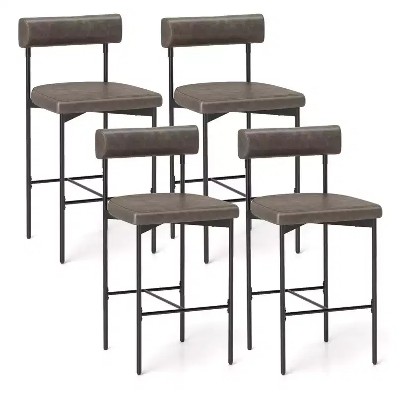 Costway 26 Upholstered Bar Stools Set of 4 with Padded Cushion & Backrest Footrest Brown/Gray