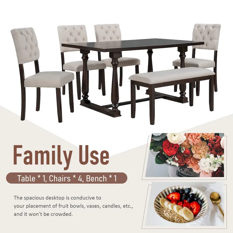 Nestfair 6-Piece Dining Table Set with 4 Chairs and 1 Bench