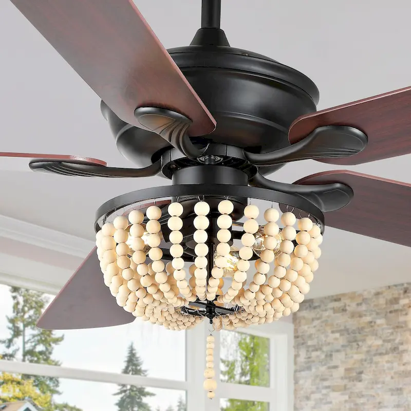 Quinn 52  3-Light Rustic Farmhouse Iron/Wood Bead Mobile-App/Remote-Controlled LED Ceiling Fan, by JONATHAN Y