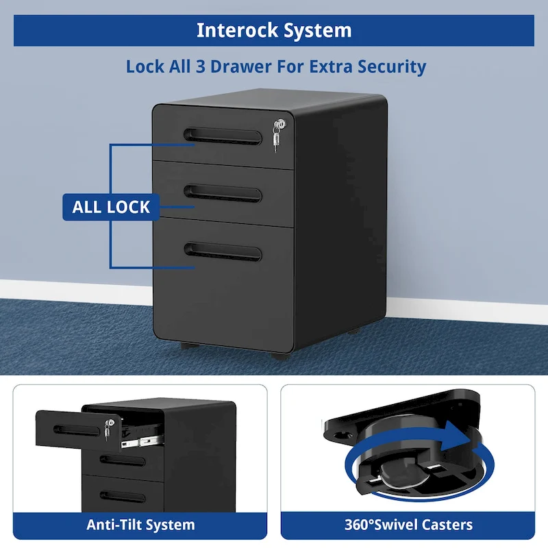 Modern 3-Drawer Mobile Vertical Steel File Cabinet