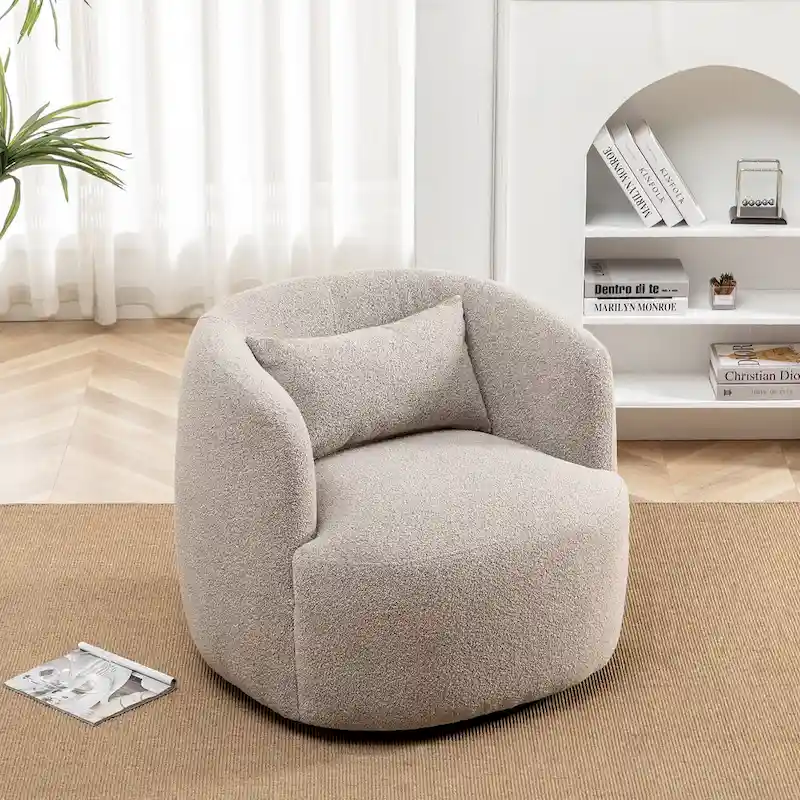 KINWELL 34 Poly Blend Boucle Fabric Upholstered Swivel Armchair