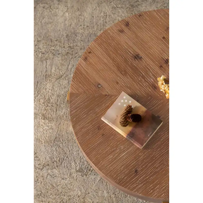 Natural Wood Round Coffee Table with Metal Cross Legs