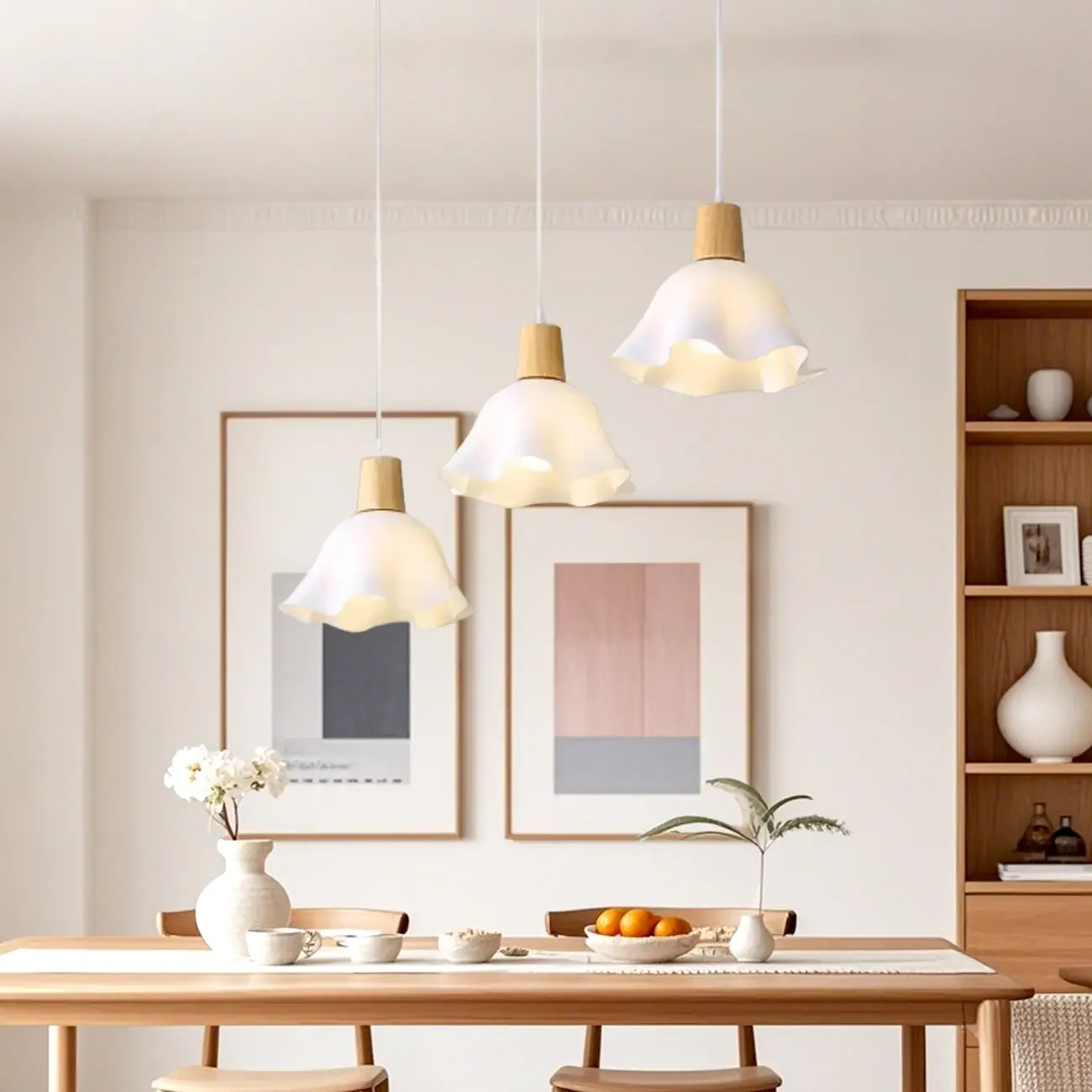 3 Lights Elegant Wooden Island Light with Acrylic Flower Shade