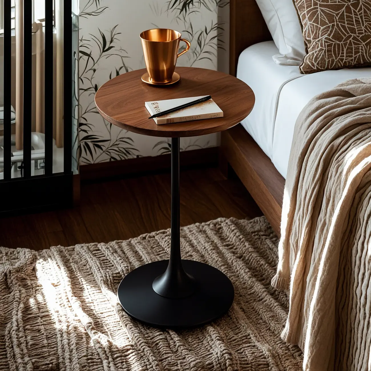 Minimalist Round Brown Wood End Table with Metal Base