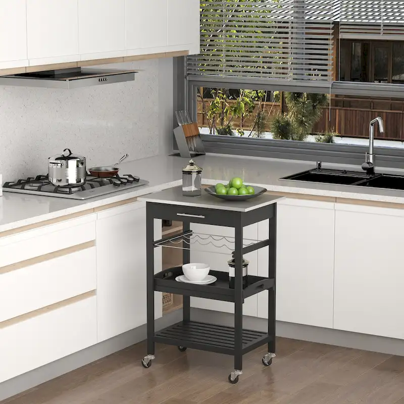 Kitchen island Cart Rolling Trolley Utility Serving Cart with Stainless Steel Tabletop, Wine Rack & Drawer