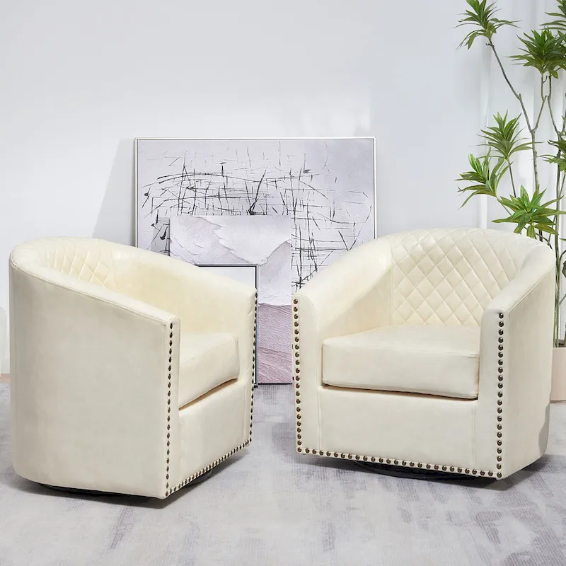 KINWELL 29 Wide Tufted PU Leather Swivel Barrel Chair (Set of 2)