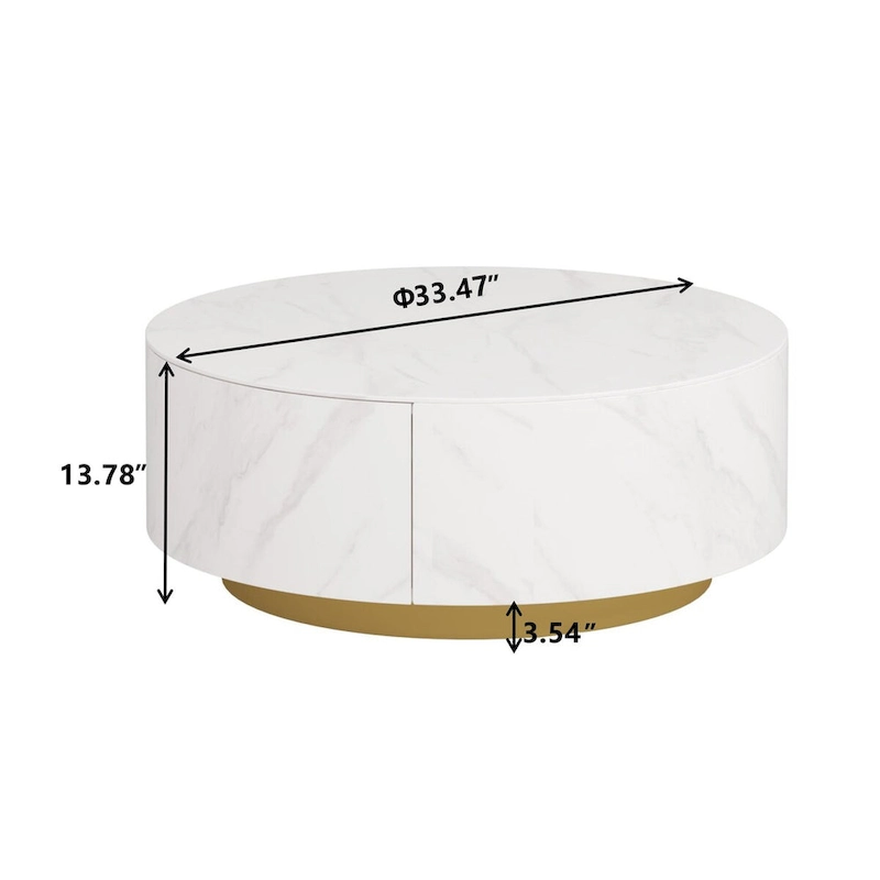 Modern Round Coffee Table with 2 Drawers, Sintered Stone Tabletop and Golden Base