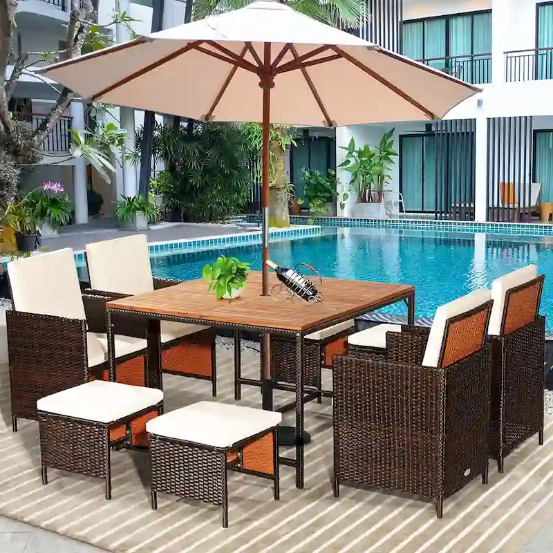 Costway 9PCS Patio Rattan Dining Set Cushioned Chairs Ottoman Wood - See Details