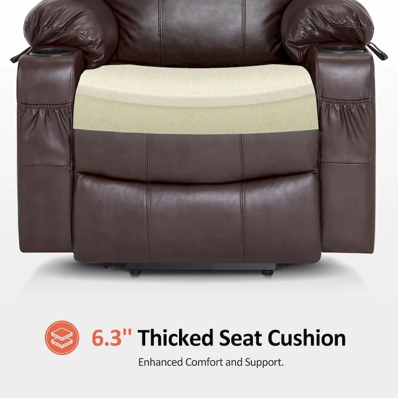 MCombo Large Power Lift Recliner Leather Chair with Massage, Heat, Cup Holders,Extended Footrest, Leather 7516