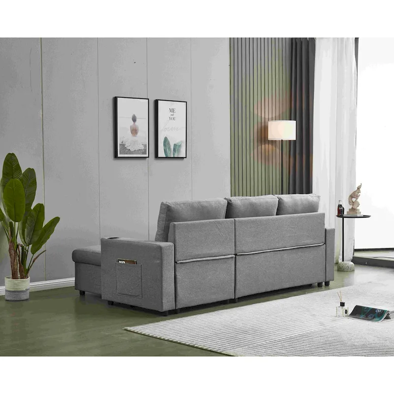 Linen Sectional Sofa Reversible Chaise with Pull out Sleeper