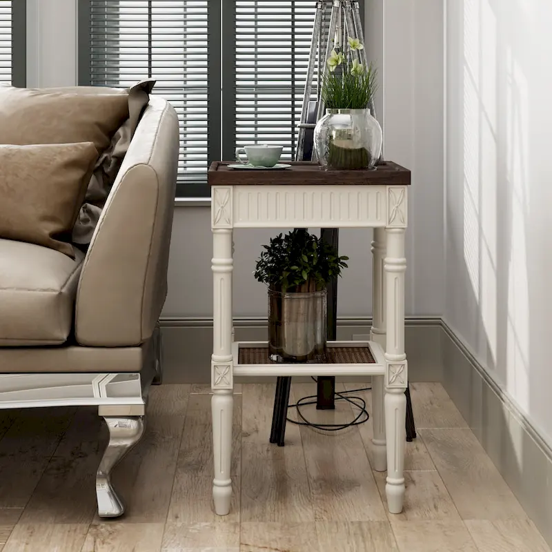French Country Side Table, White/Black, Tray Top & Wicker Shelf, Distressed