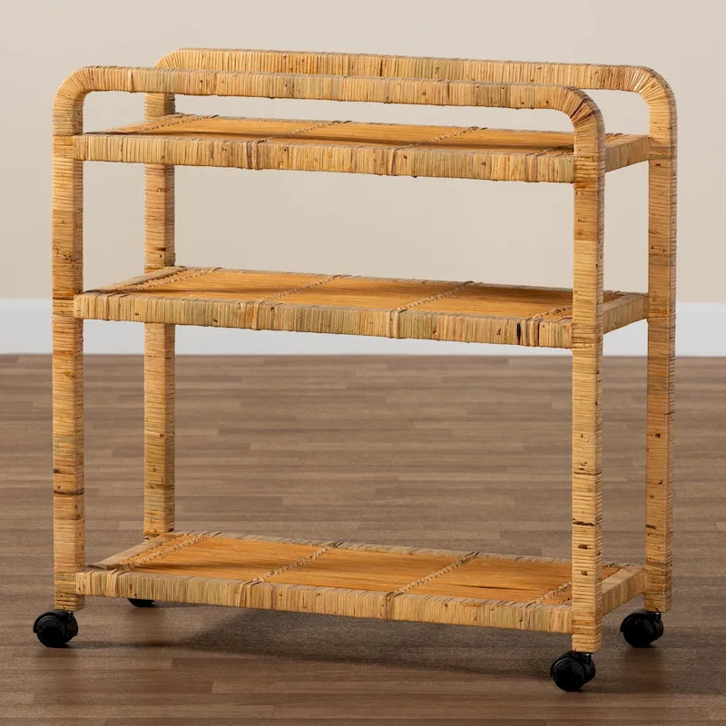 Delphine Modern Bohemian Natural Rattan Kitchen Cart