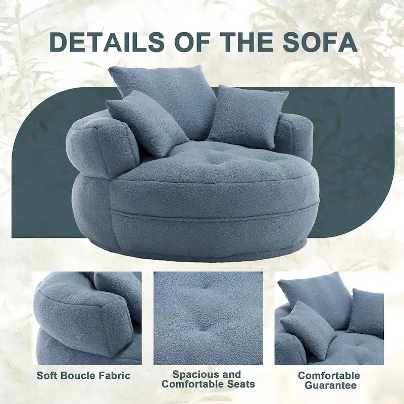 Boucle Upholstered Tufted Barrel Accent Living Room Chair With Toss Pillows