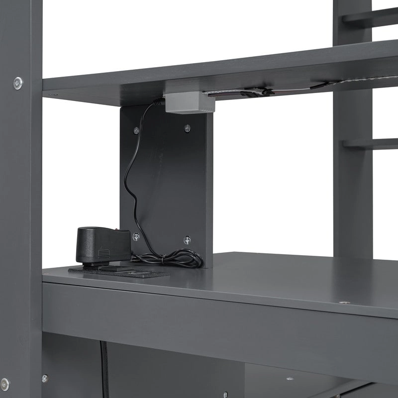 Wood Full Size Gaming Loft Bed with Desk, Multi-storage Shelves, LED and Charging Station, Dark Gray