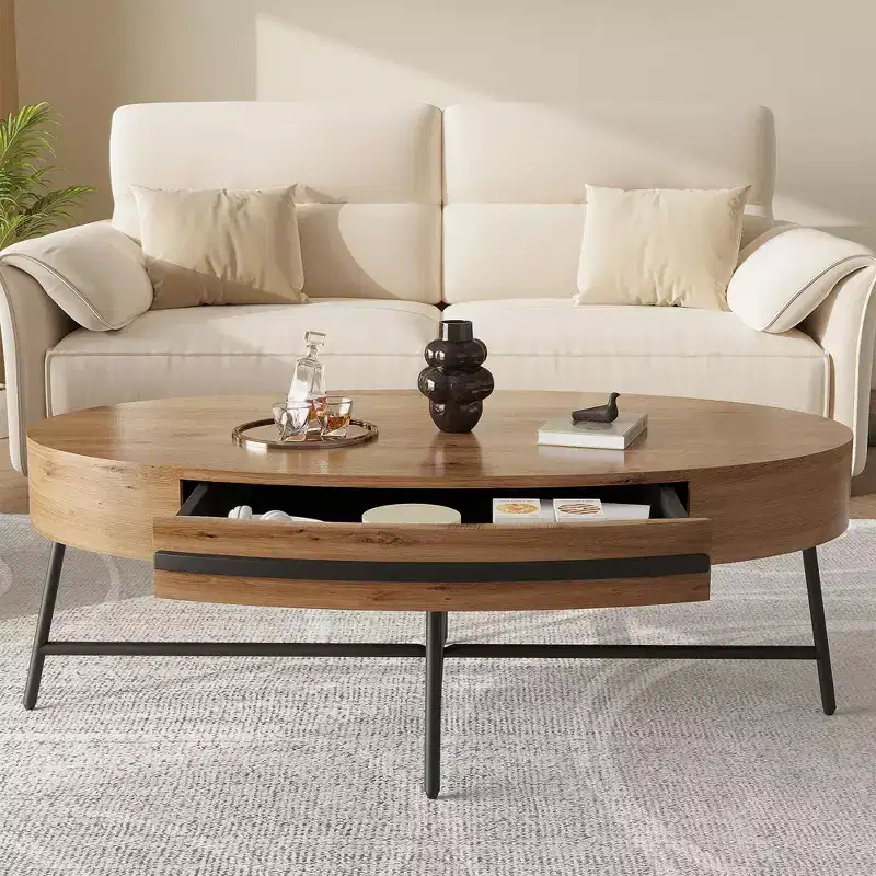 Wood Color / Yellow Oval Mid-Century Coffee Table with Drawer and Storage