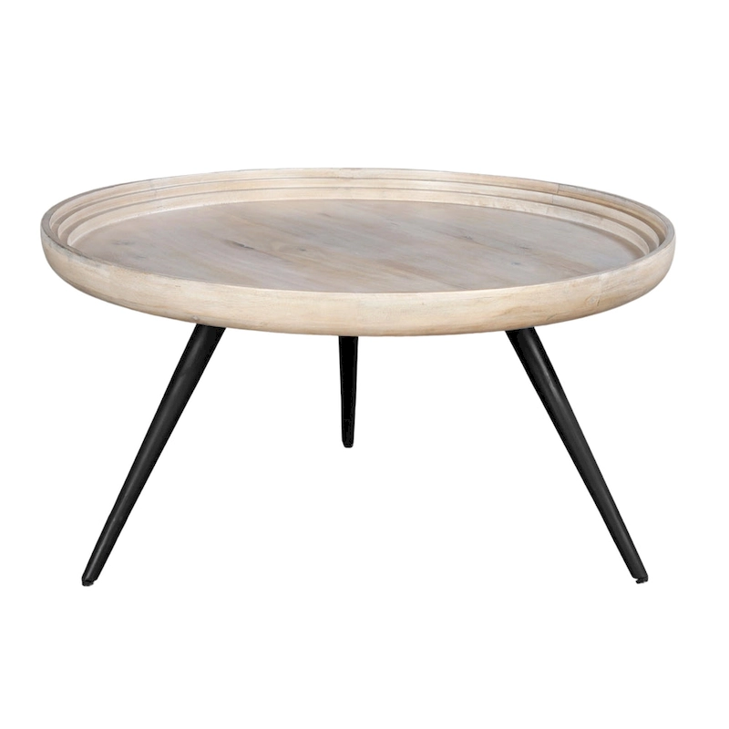 Urban Chic Coffee Table 30 Inch Round Tray Top, Handcrafted Washed White Mango Wood