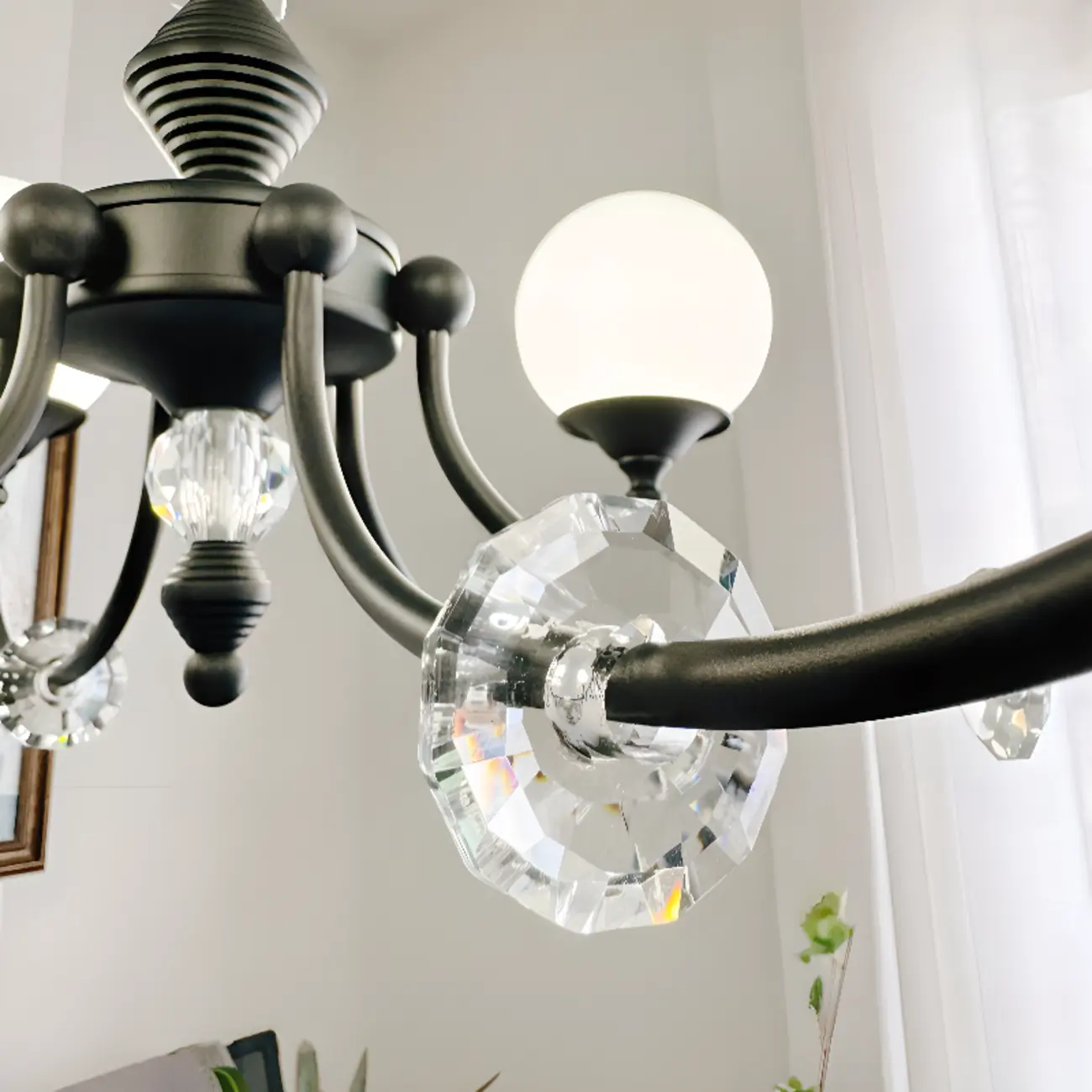 Modern Black 6-Light Glass Globe Chandelier with Crystal Accents