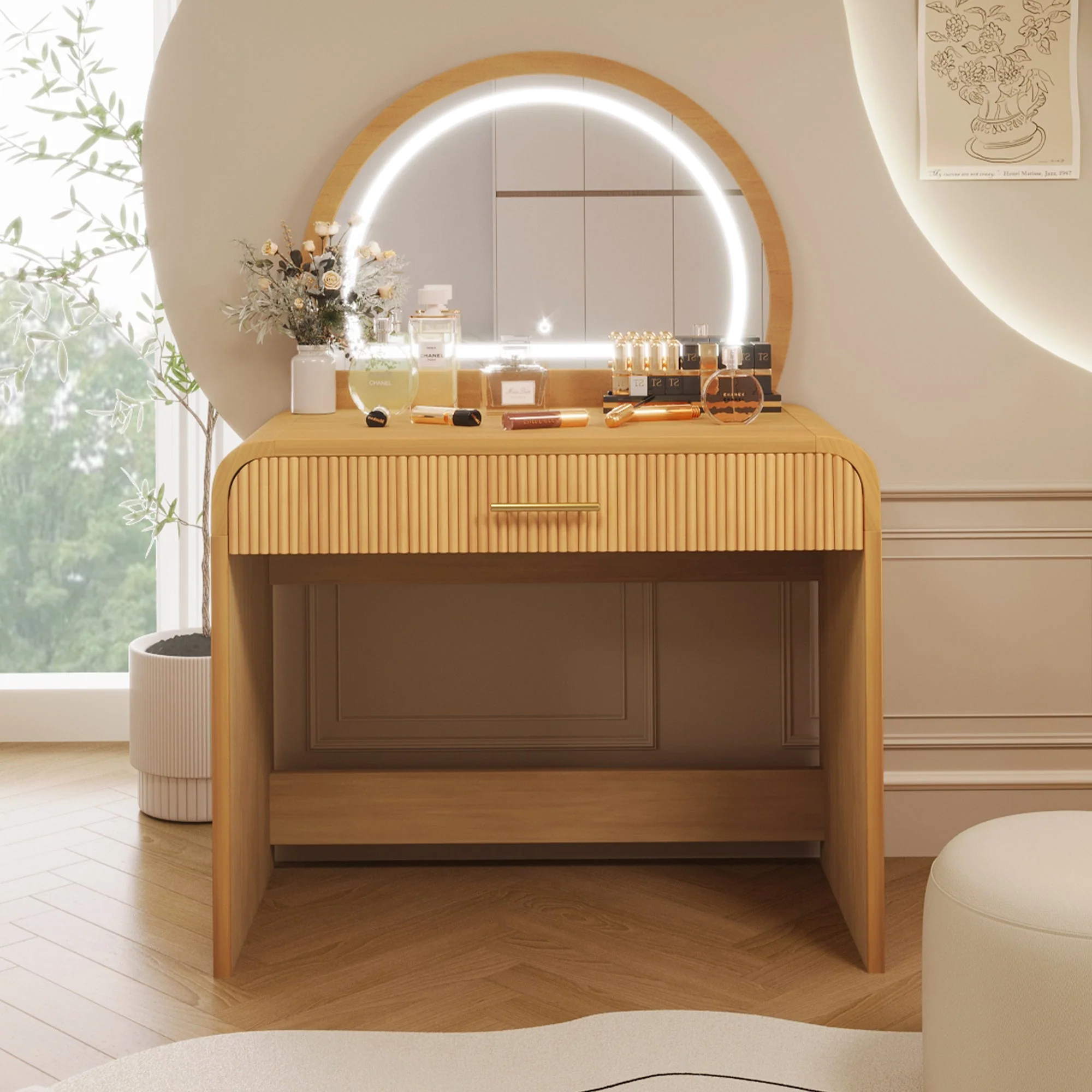 Walker Edison | Natural Reeded Curve Design Makeup Vanity Desk with Mirror