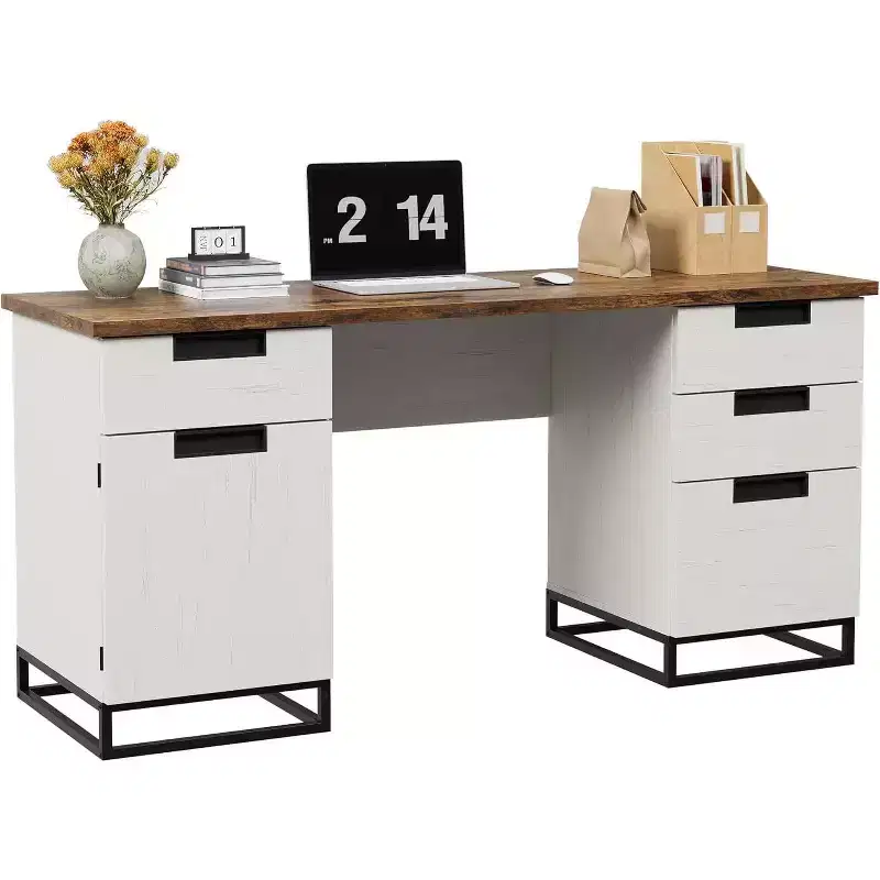 59 Farmhouse Executive Desk with File Drawer, Storage Cabinet & 3 Drawers, Wooden Computer Table for Work and Study