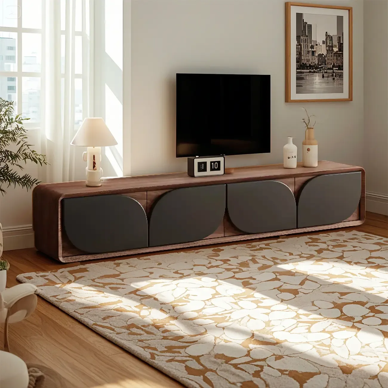 Walnut Wood Curved Cabinet Door TV Stand Cable Management