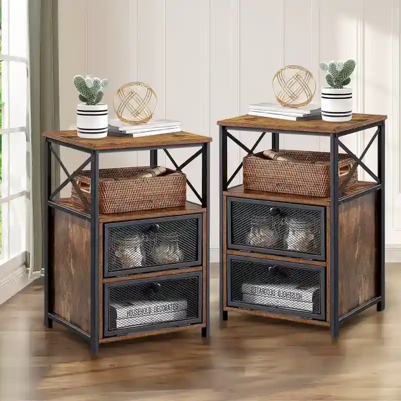 4-Pieces Bedroom Set with Drawer and Nightstands Set of 2, 5-Drawer Dresser, Brown/Grey Set