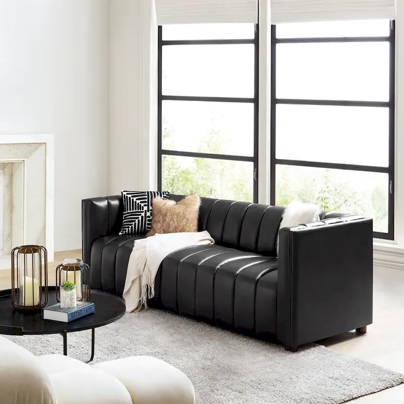 Olinto Modern Camel 83-Inch Genuine Leather Curved Couch with Channel Back by HULALA HOME