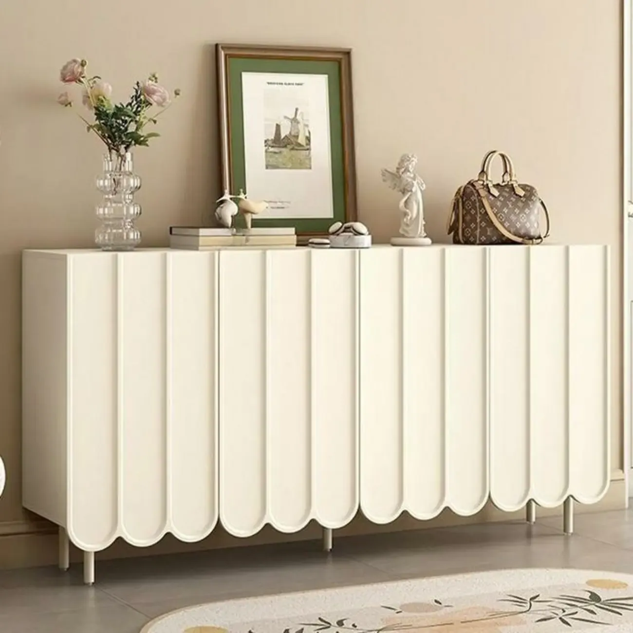 Entryway White Wooden Fluted Front Shoe Cabinet