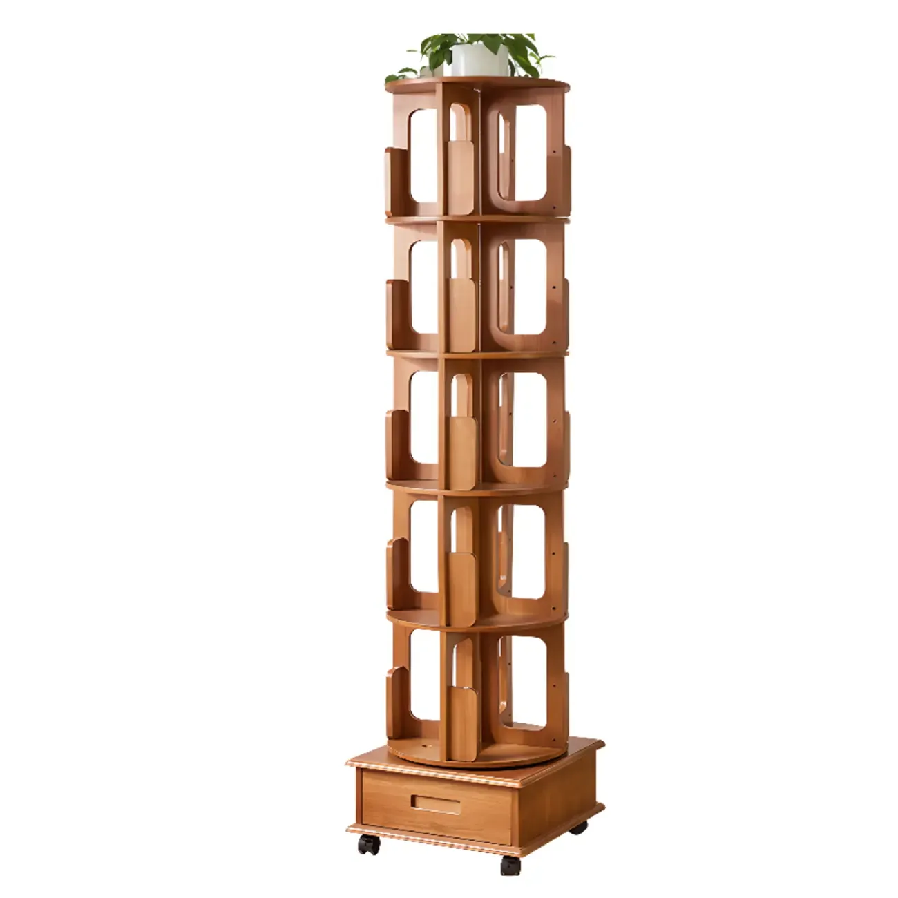 Narrow Rotating Cherry Wood Vertical Bookcase With Drawer