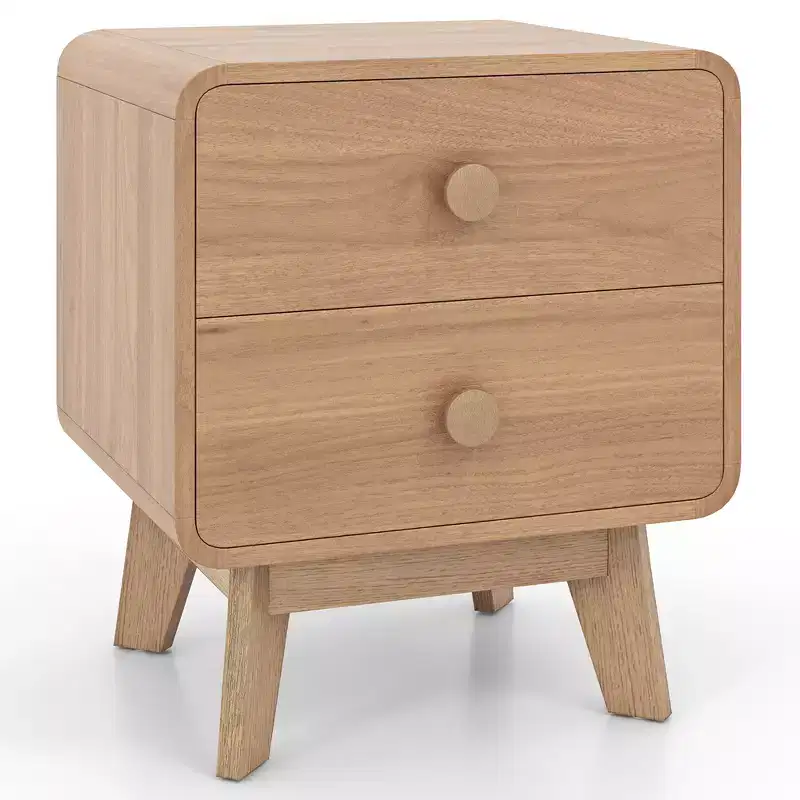 Costway 1/2 PCS Modern Style 2-Drawer Nightstand Bedside Table with Solid Rubber Wood Legs Brown
