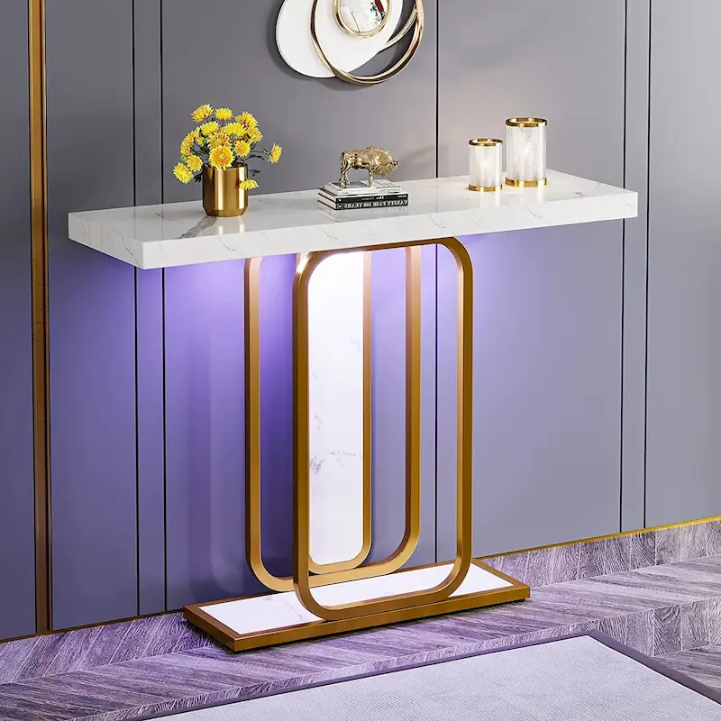 41.3  Console Table with LED Lights, Modern Gold White Entryway Hallway Accent Table