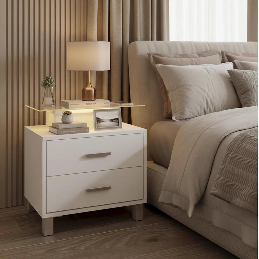 Nightstand with LED Lights & Charging Station – White, 2 Drawers, Single