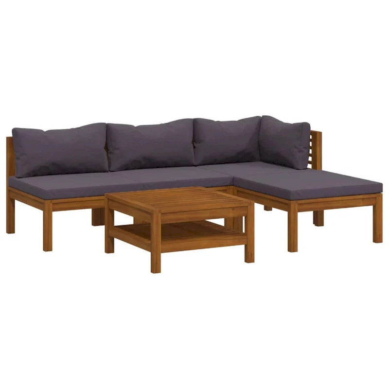 Outdoor 5pc Modular Sofa Set, Slatted Coffee Table, Brown Acacia Wood